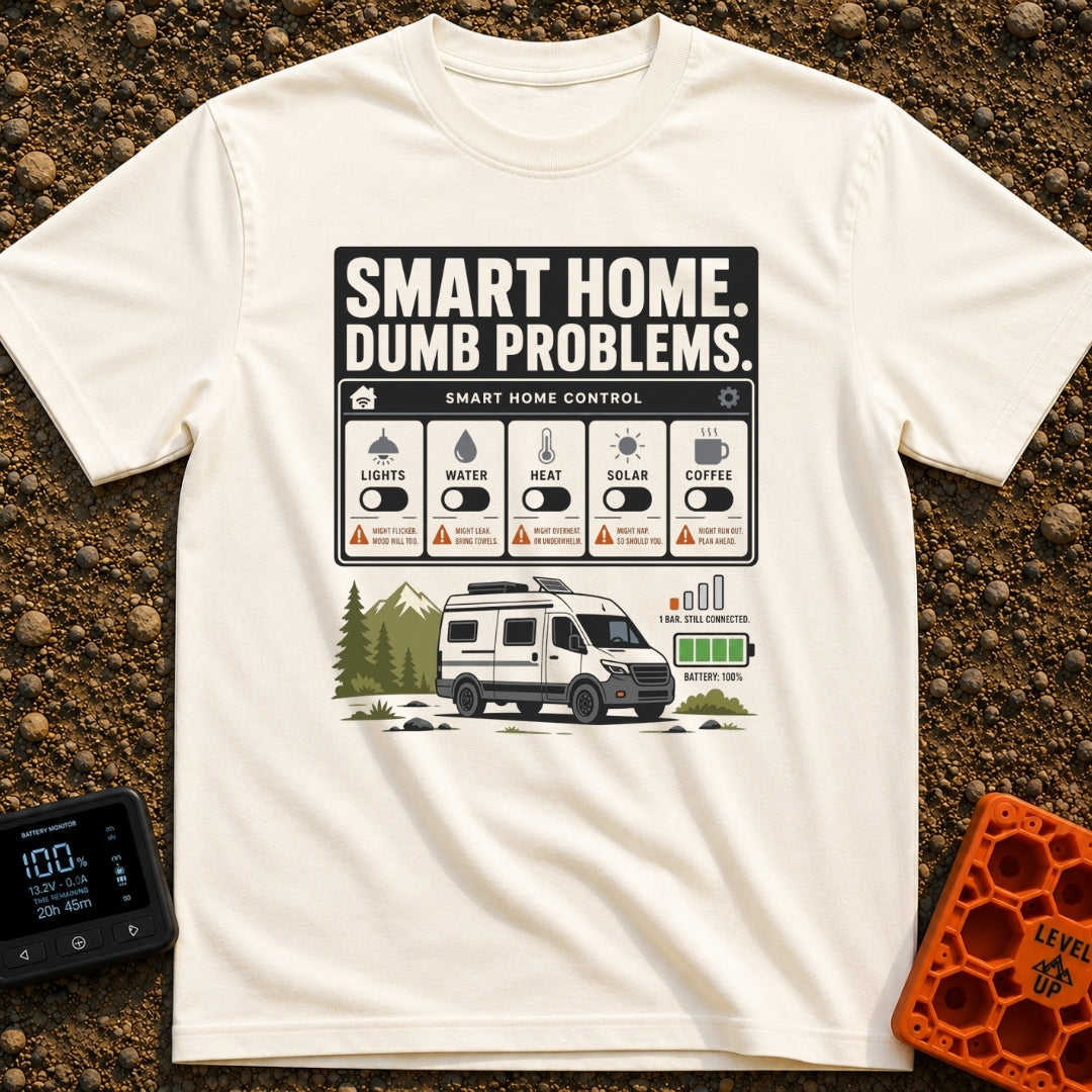 Smart Home Dumb Problems - T-Shirt in Ivory - A graphic showing a mock "Smart Home Control" interface with switches for...