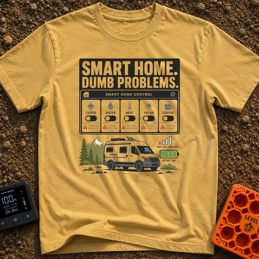 Smart Home Dumb Problems - T-Shirt in Mustard - A graphic showing a mock "Smart Home Control" interface with switches for...