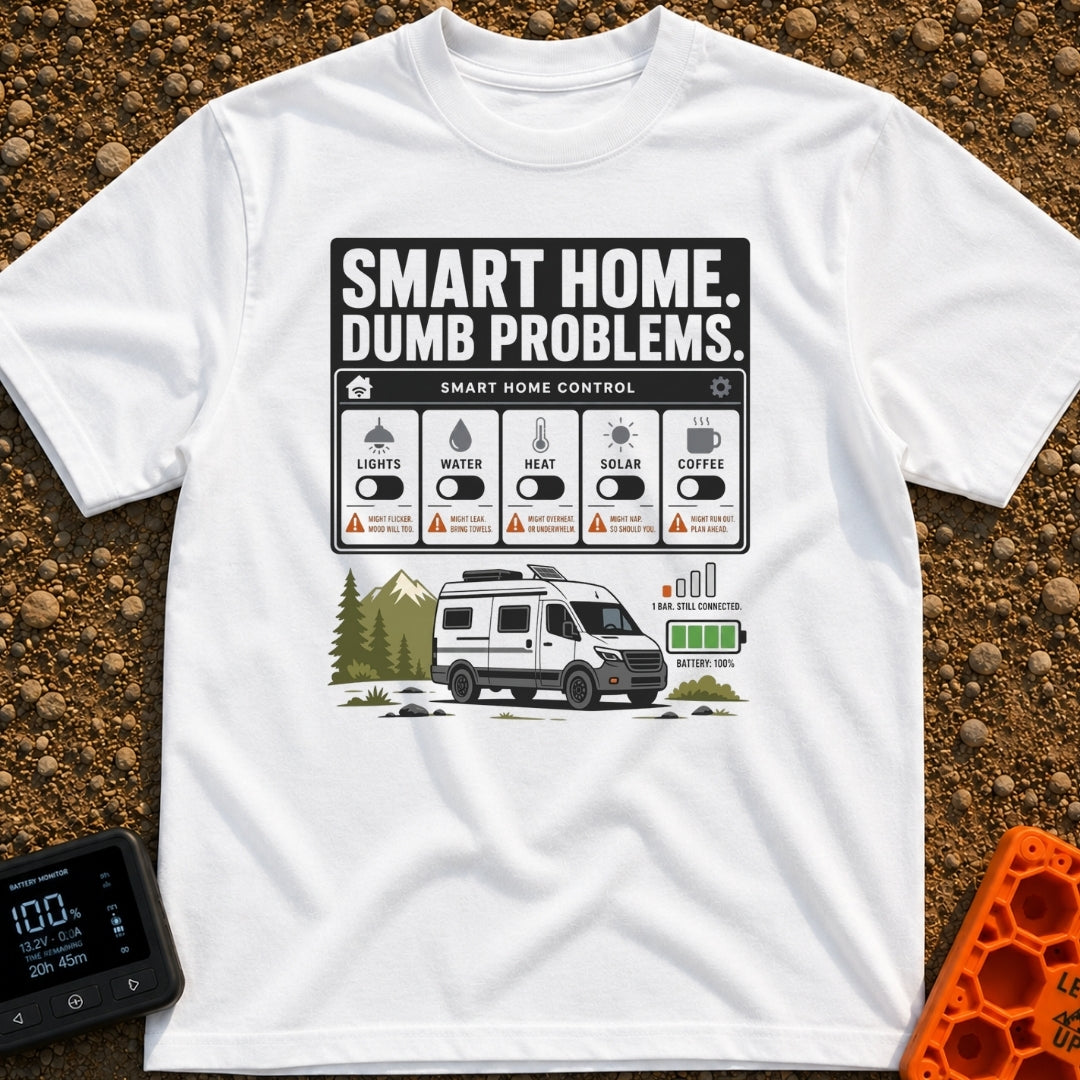 Smart Home Dumb Problems - T-Shirt in White - A graphic showing a mock "Smart Home Control" interface with switches for...