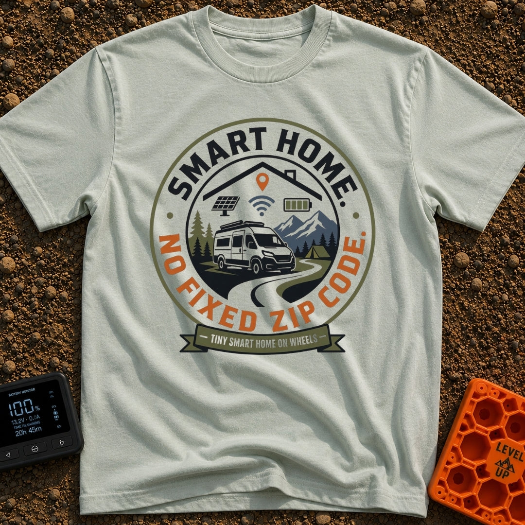 Smart Home No Address - T-Shirt in Bay - A circular badge design showing a white camper van on a winding road near...