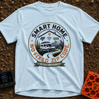 Smart Home No Address - T-Shirt in Chambray - A circular badge design showing a white camper van on a winding road near...