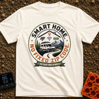 Smart Home No Address - T-Shirt in Ivory - A circular badge design showing a white camper van on a winding road near...