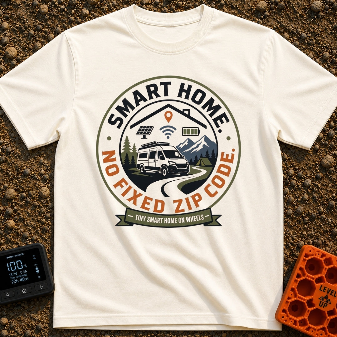 Smart Home No Address - T-Shirt in Ivory - A circular badge design showing a white camper van on a winding road near...