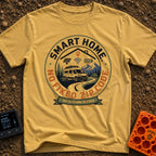 Smart Home No Address - T-Shirt in Mustard - A circular badge design showing a white camper van on a winding road near...