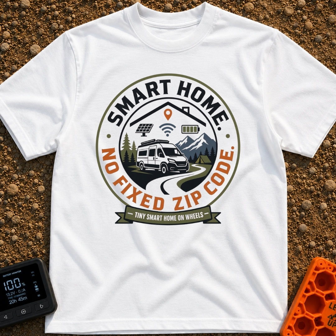 Smart Home No Address - T-Shirt in White - A circular badge design showing a white camper van on a winding road near...