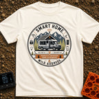 Smart Home No Address - T-Shirt in Ivory - A circular badge design showing a camper van with roof-mounted solar panels...