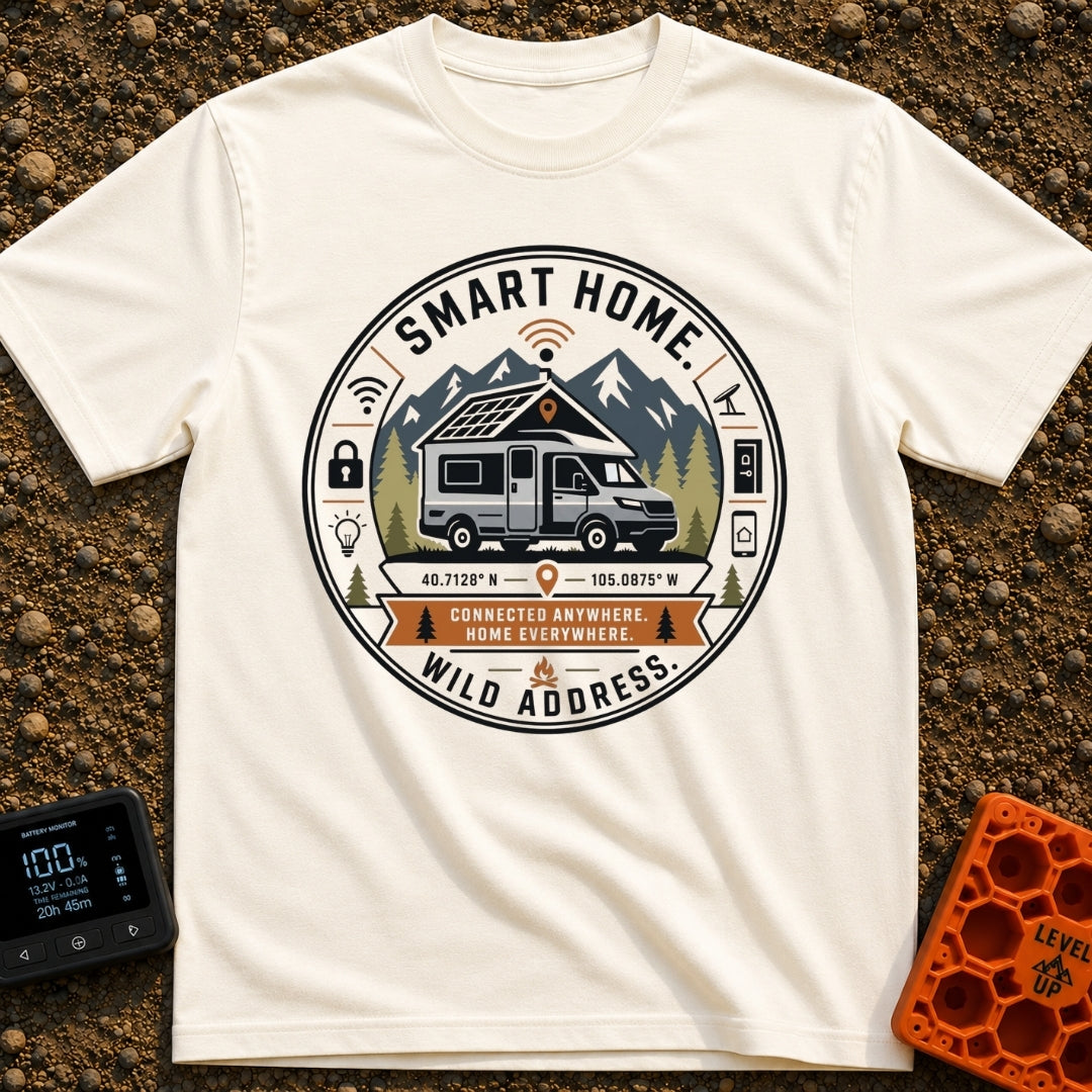Smart Home No Address - T-Shirt in Ivory - A circular badge design showing a camper van with roof-mounted solar panels...