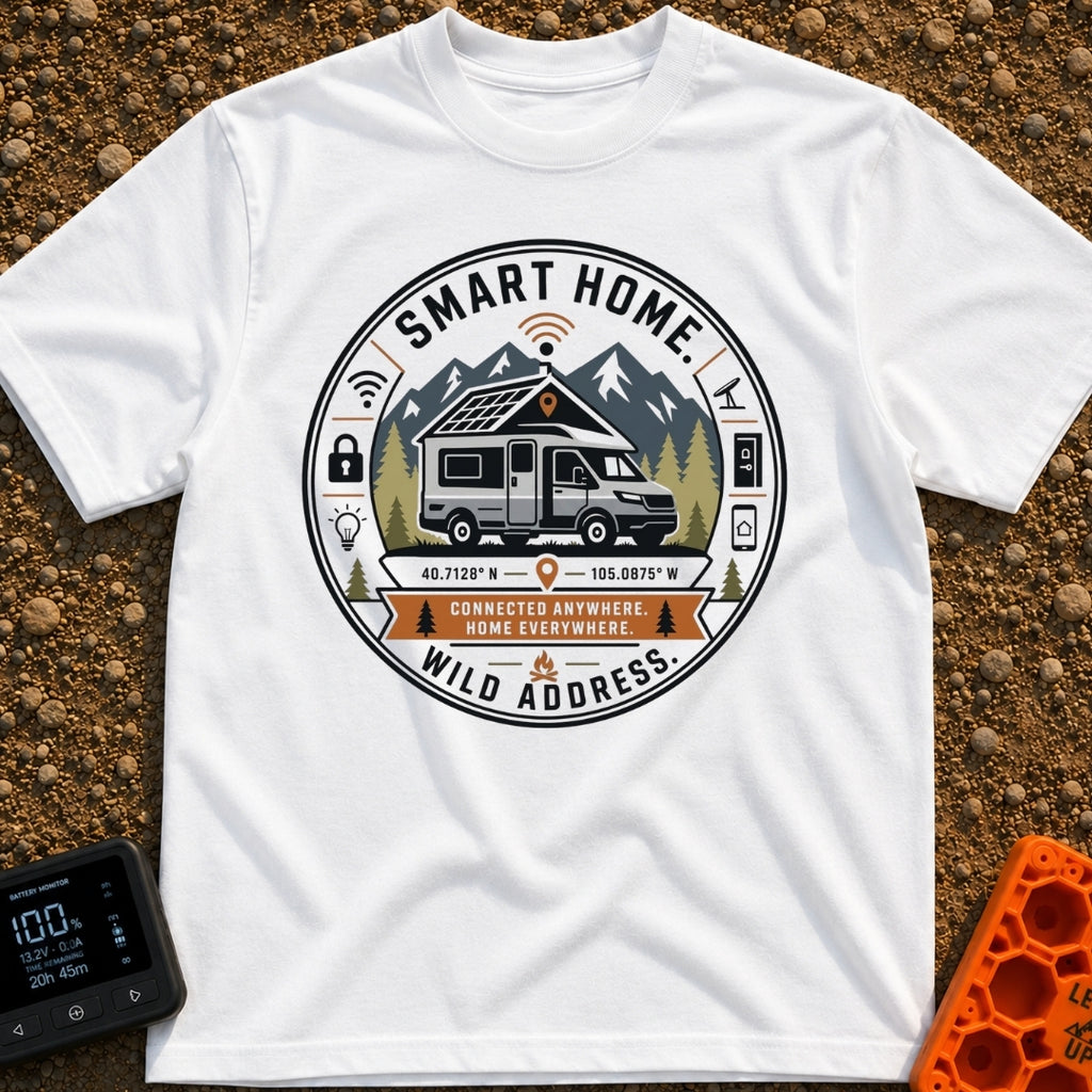 Smart Home No Address - T-Shirt in White - A circular badge design showing a camper van with roof-mounted solar panels...
