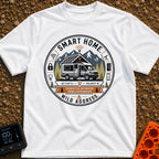 Smart Home No Address - T-Shirt in White - A circular badge design showing a camper van with roof-mounted solar panels...