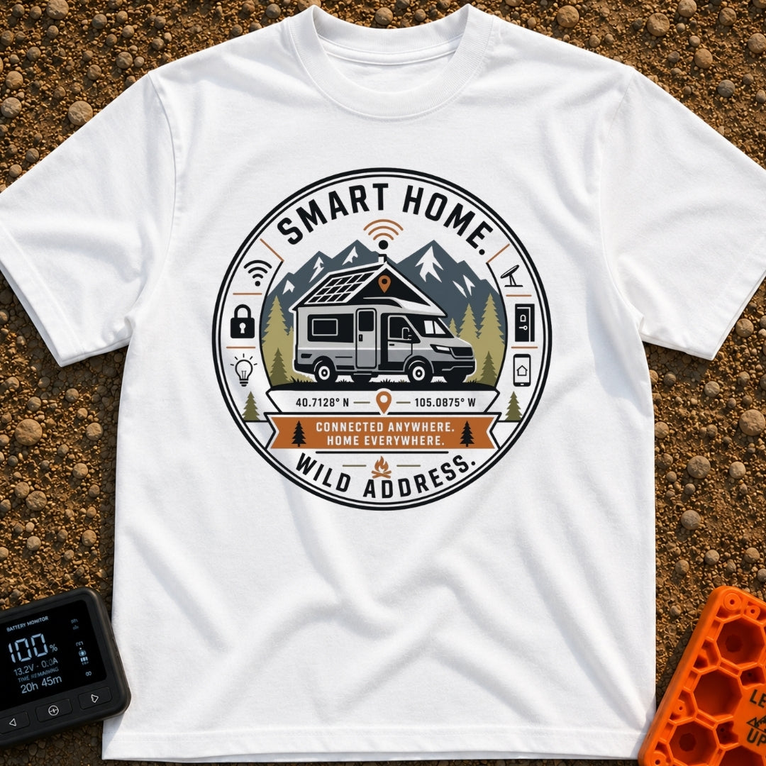 Smart Home No Address - T-Shirt in White - A circular badge design showing a camper van with roof-mounted solar panels...