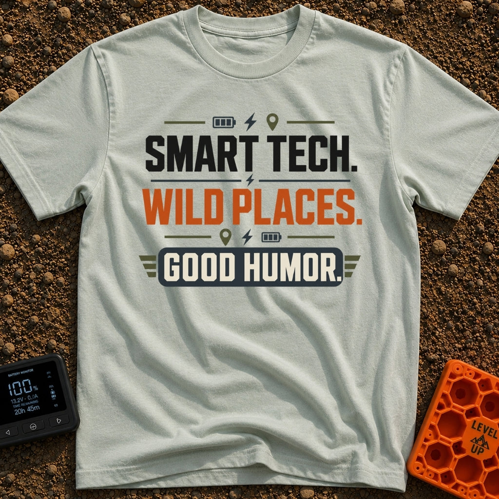 Smart Tech Wild Places - T-Shirt in Bay - A text-based design reading "SMART TECH. WILD PLACES. GOOD HUMOR." in bold...