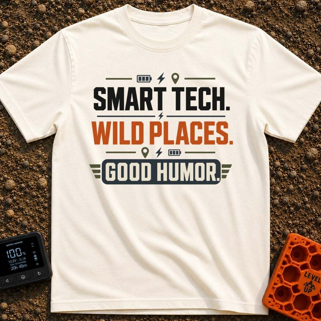 Smart Tech Wild Places - T-Shirt in Ivory - A text-based design reading "SMART TECH. WILD PLACES. GOOD HUMOR." in bold...