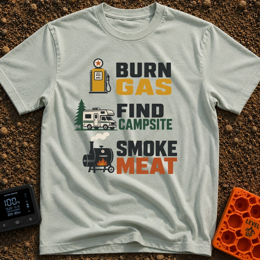 Smoke Meat Find Camp - T-Shirt in Bay - Three vertically stacked illustrations with text: a yellow gas pump reading "BURN...