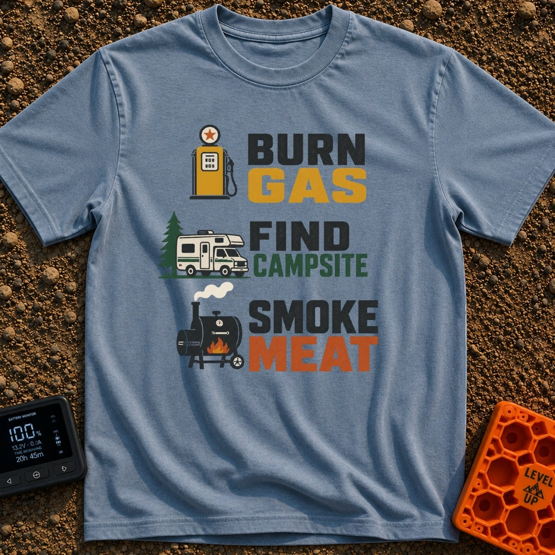 Smoke Meat Find Camp - T-Shirt in Blue Jean - Three vertically stacked illustrations with text: a yellow gas pump reading...