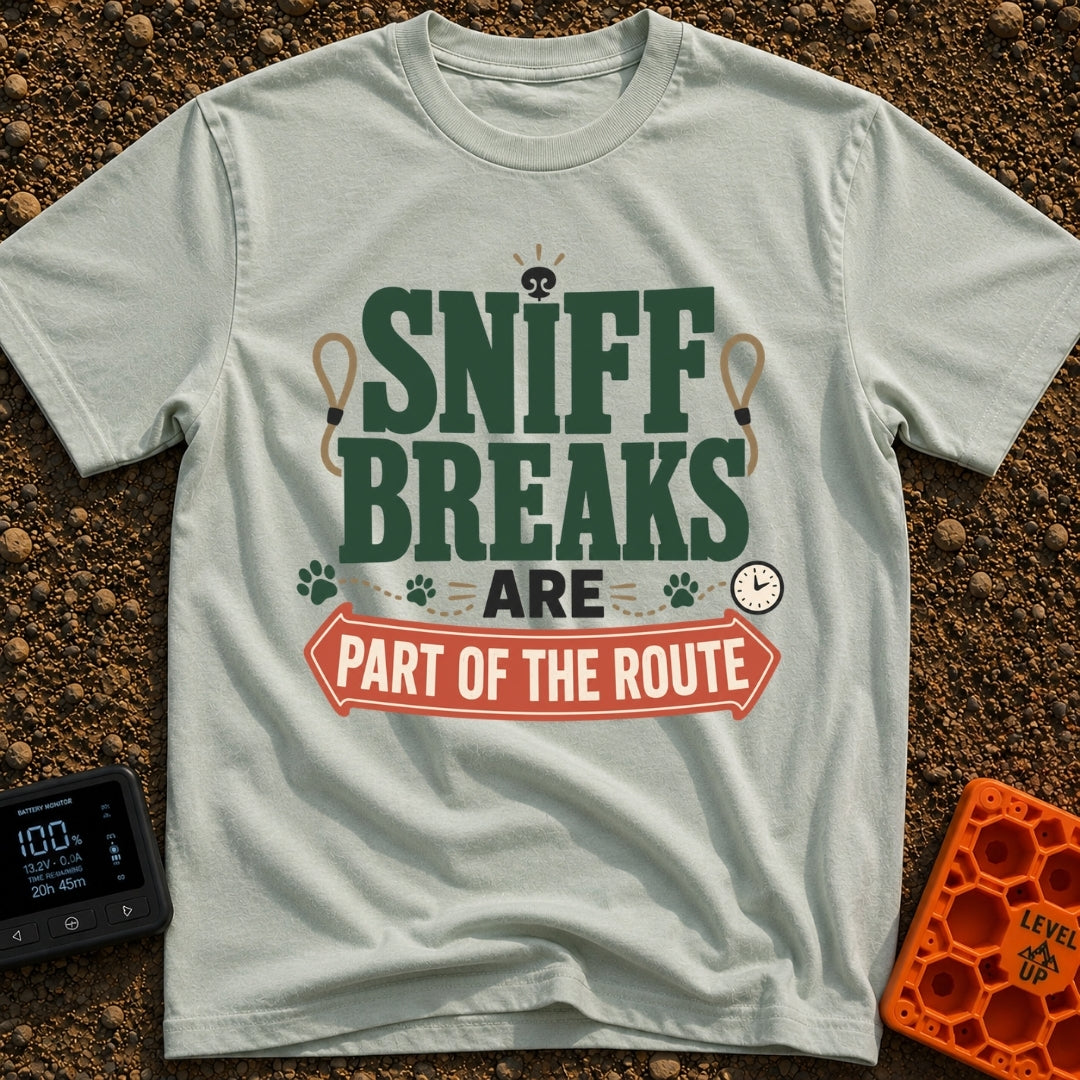 Sniff Breaks Required - T-Shirt in Bay - Text-based design reading "SNIFF BREAKS ARE PART OF THE ROUTE" featuring large...