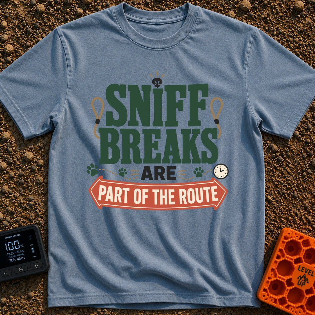 Sniff Breaks Required - T-Shirt in Blue Jean - Text-based design reading "SNIFF BREAKS ARE PART OF THE ROUTE" featuring...