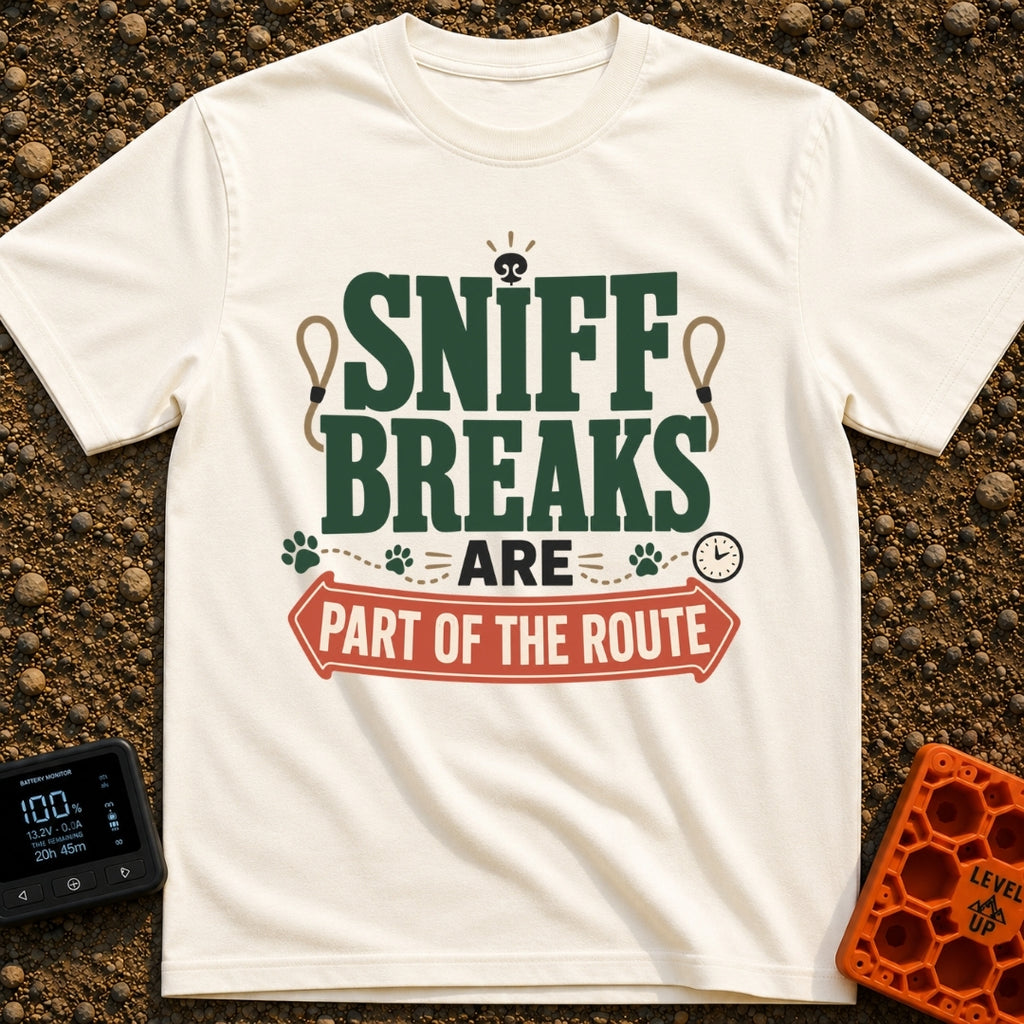Sniff Breaks Required - T-Shirt in Ivory - Text-based design reading "SNIFF BREAKS ARE PART OF THE ROUTE" featuring large...