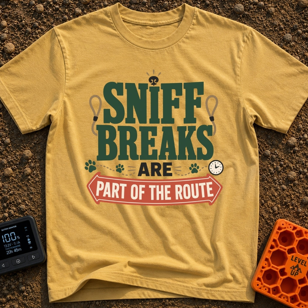 Sniff Breaks Required - T-Shirt in Mustard - Text-based design reading "SNIFF BREAKS ARE PART OF THE ROUTE" featuring...