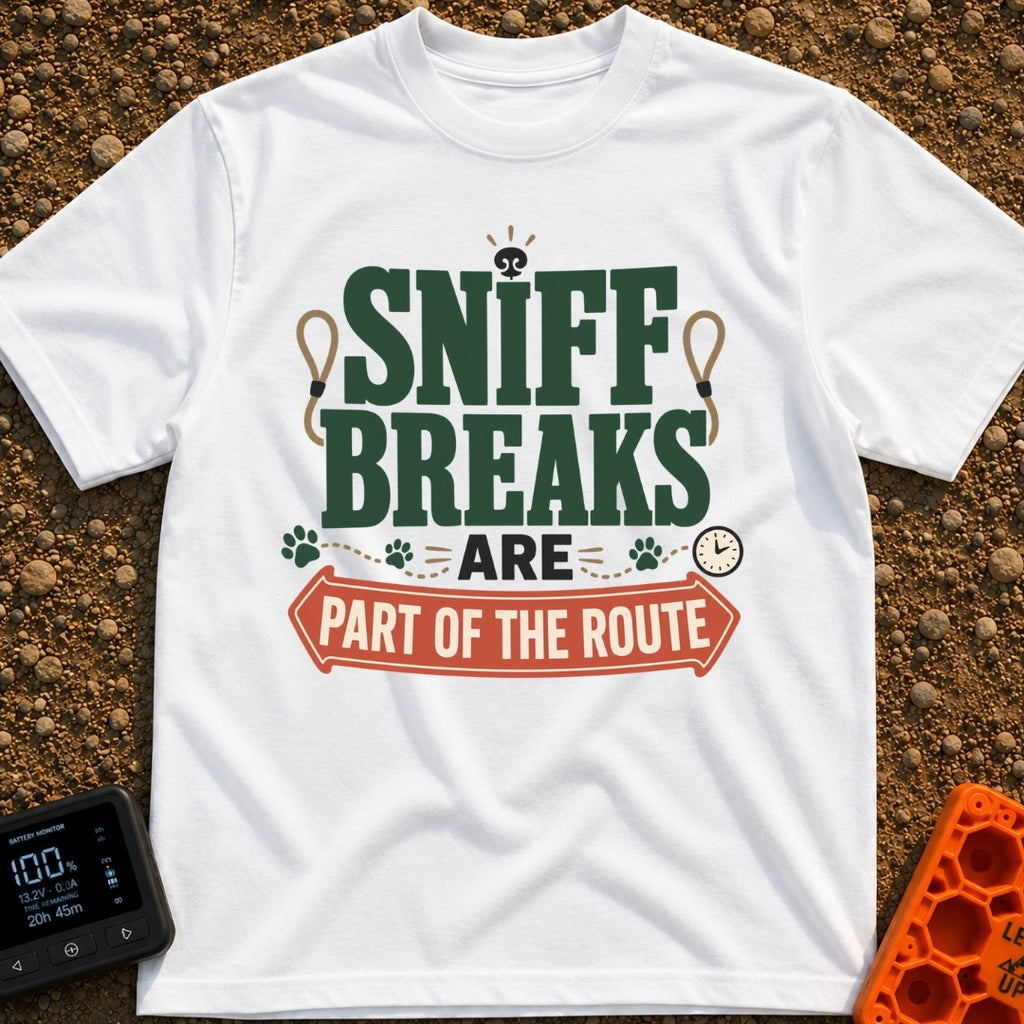 Sniff Breaks Required - T-Shirt in White - Text-based design reading "SNIFF BREAKS ARE PART OF THE ROUTE" featuring large...