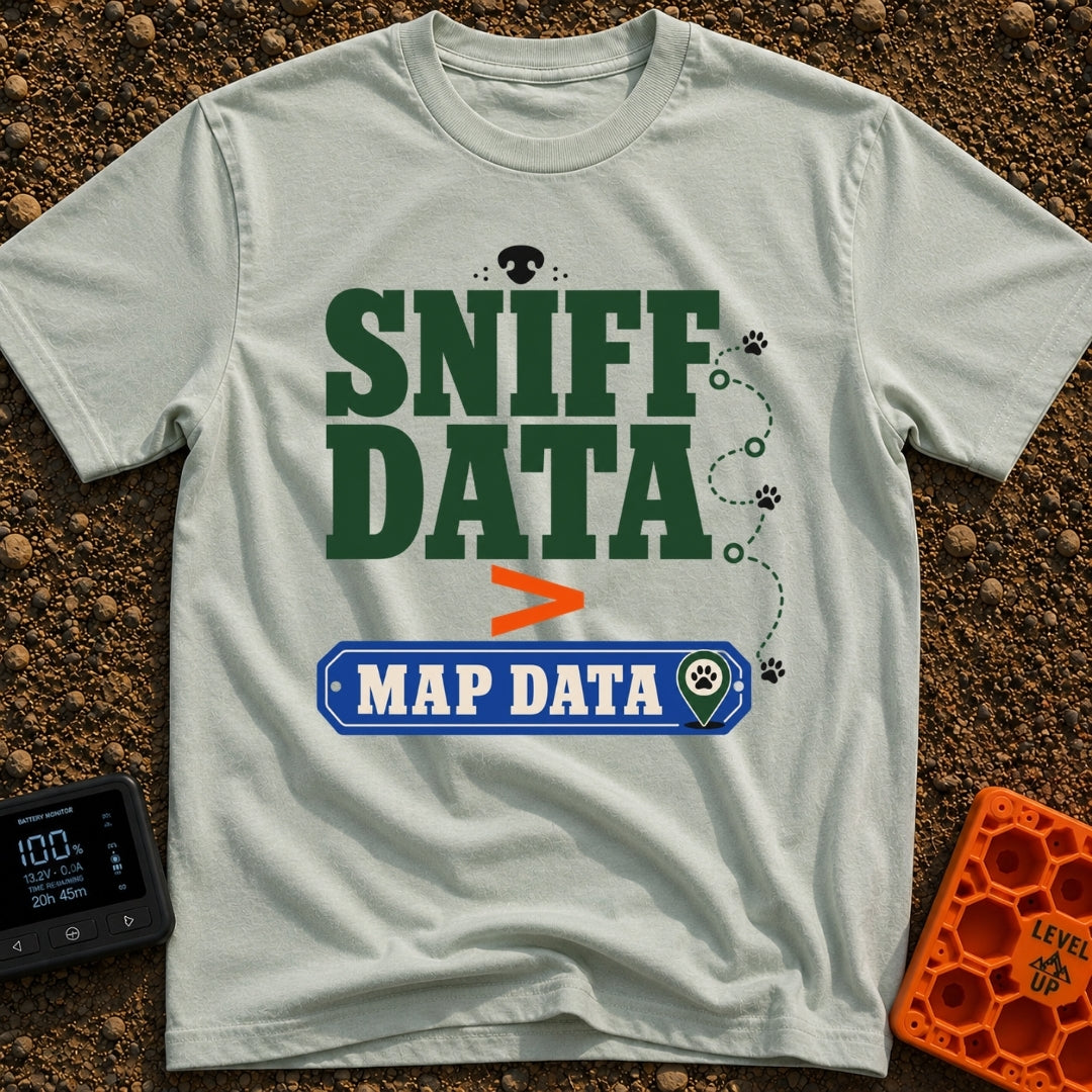 Loading Sniff Data - T-Shirt in Bay - Text reading "SNIFF DATA" over an orange greater-than symbol and a blue "MAP DATA"...