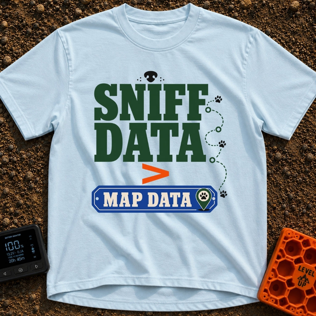 Loading Sniff Data - T-Shirt in Chambray - Text reading "SNIFF DATA" over an orange greater-than symbol and a blue "MAP...