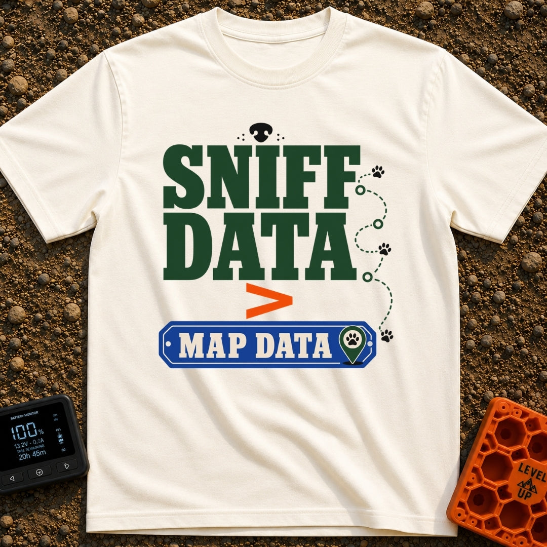 Loading Sniff Data - T-Shirt in Ivory - Text reading "SNIFF DATA" over an orange greater-than symbol and a blue "MAP...