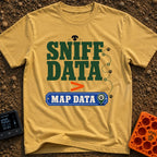 Loading Sniff Data - T-Shirt in Mustard - Text reading "SNIFF DATA" over an orange greater-than symbol and a blue "MAP...