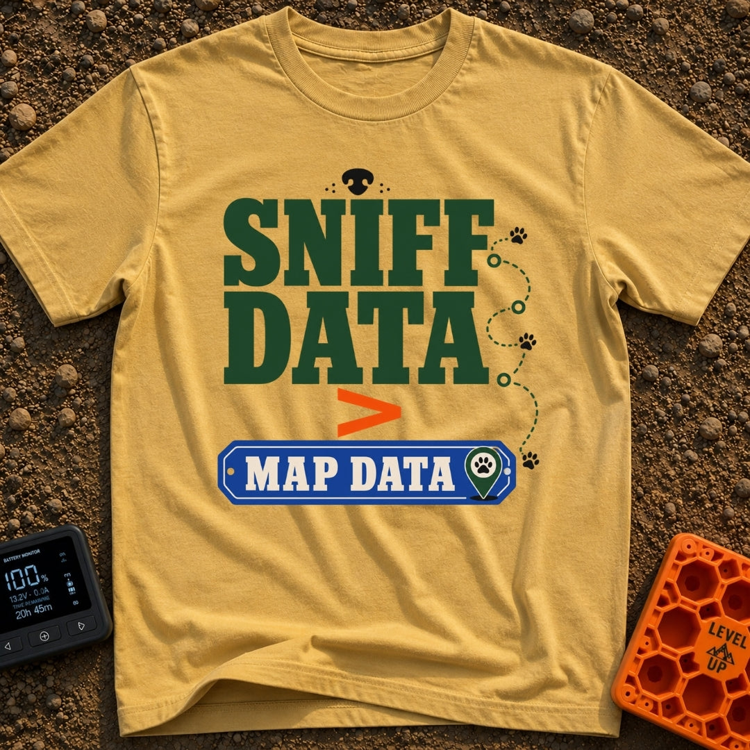 Loading Sniff Data - T-Shirt in Mustard - Text reading "SNIFF DATA" over an orange greater-than symbol and a blue "MAP...