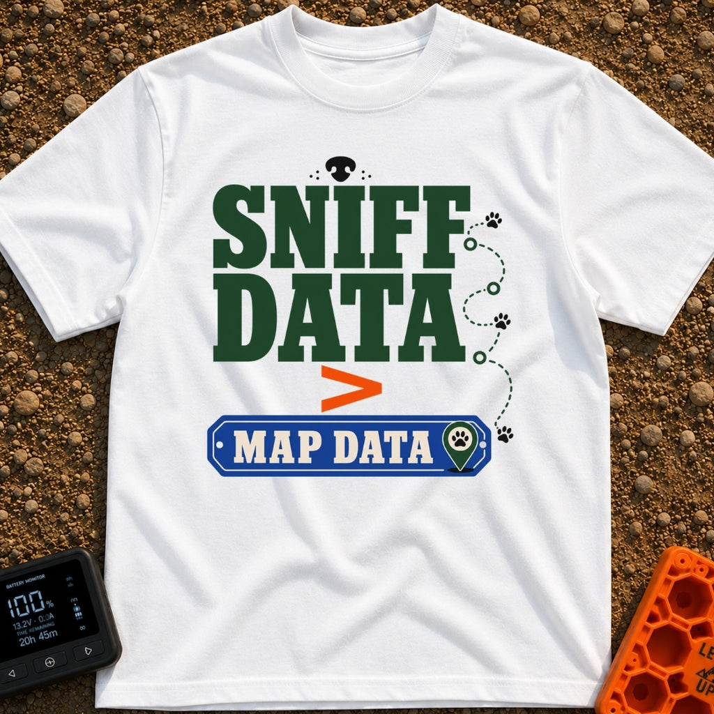 Loading Sniff Data - T-Shirt in White - Text reading "SNIFF DATA" over an orange greater-than symbol and a blue "MAP...