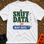 Loading Sniff Data - T-Shirt in White - Text reading "SNIFF DATA" over an orange greater-than symbol and a blue "MAP...