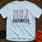 Soft Edge Steel Core - T-Shirt in Chambray - A typographic design featuring the text 'SOFT EDGE' in large purple letters...
