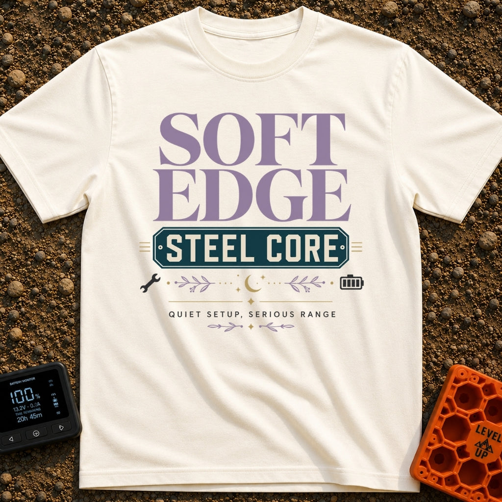 Soft Edge Steel Core - T-Shirt in Ivory - A typographic design featuring the text 'SOFT EDGE' in large purple letters...