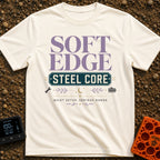 Soft Edge Steel Core - T-Shirt in Ivory - A typographic design featuring the text 'SOFT EDGE' in large purple letters...
