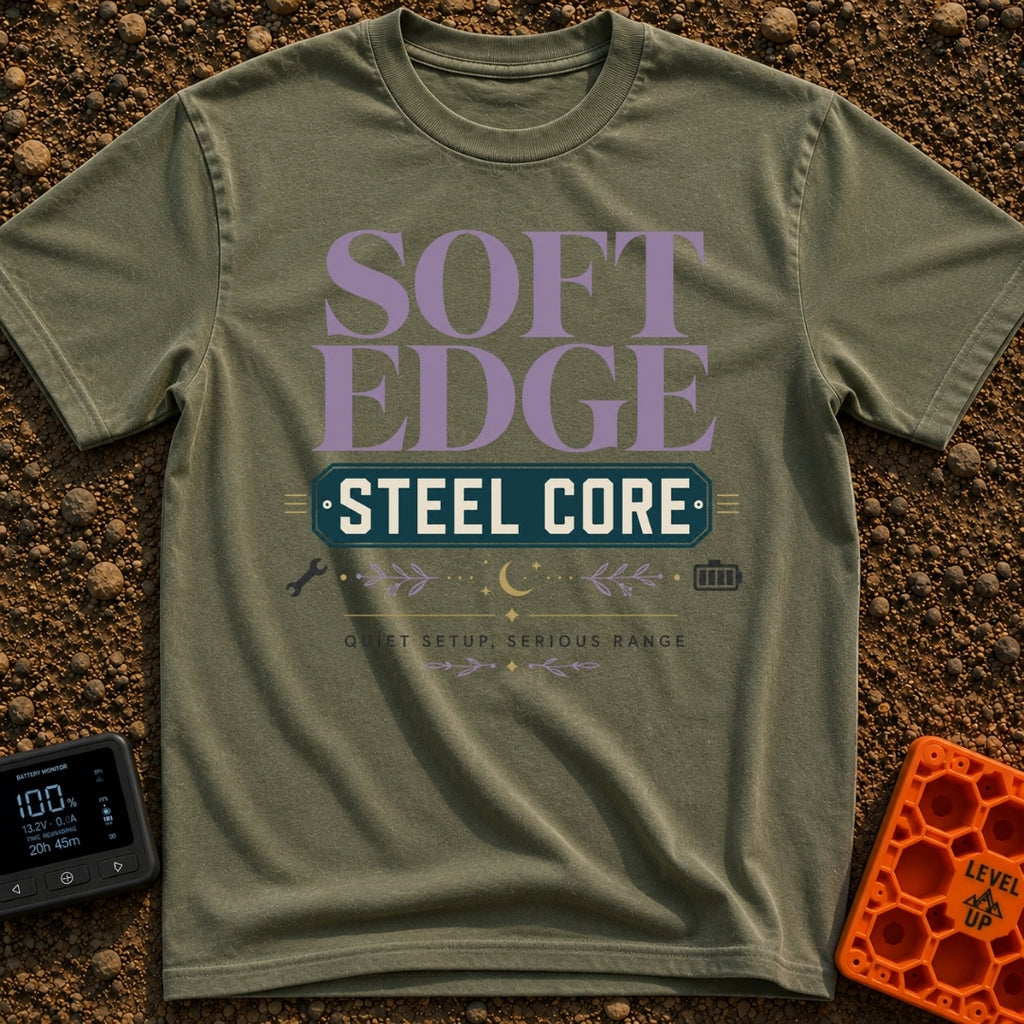 Soft Edge Steel Core - T-Shirt in Moss - A typographic design featuring the text 'SOFT EDGE' in large purple letters...
