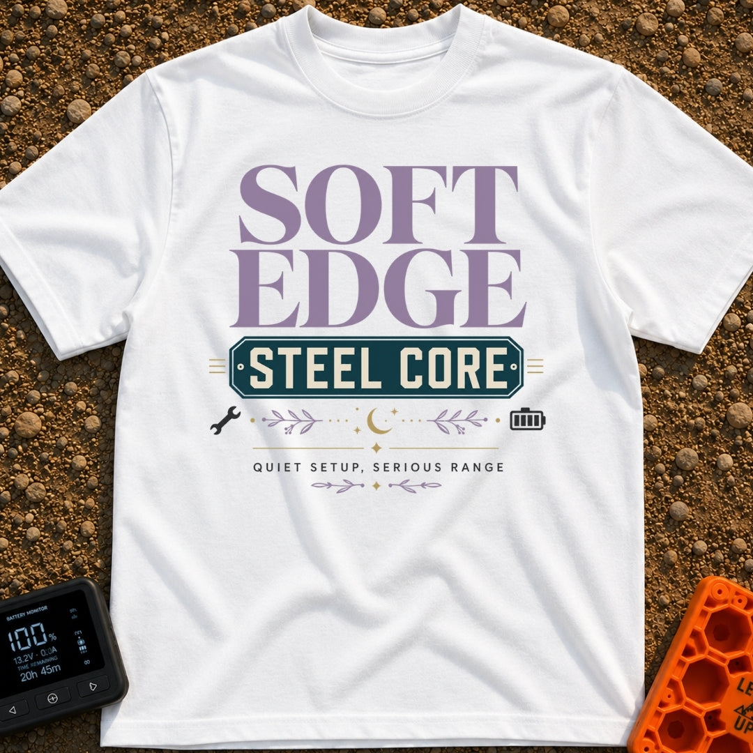 Soft Edge Steel Core - T-Shirt in White - A typographic design featuring the text 'SOFT EDGE' in large purple letters...