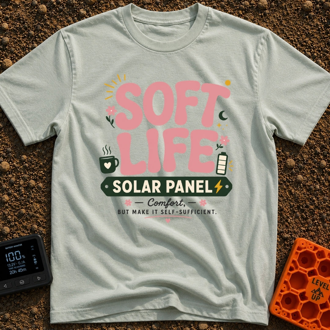 Powered By Soft Life - T-Shirt in Bay - A typographic design featuring large pink bubbly text reading "SOFT LIFE" above a...
