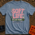 Powered By Soft Life - T-Shirt in Blue Jean - A typographic design featuring large pink bubbly text reading "SOFT LIFE"...