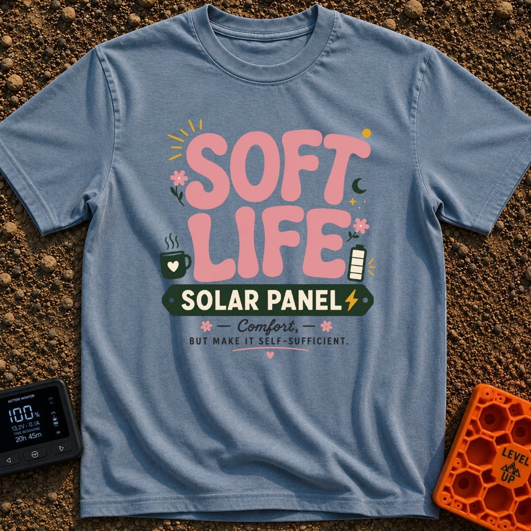 Powered By Soft Life - T-Shirt in Blue Jean - A typographic design featuring large pink bubbly text reading "SOFT LIFE"...
