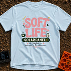 Powered By Soft Life - T-Shirt in Chambray - A typographic design featuring large pink bubbly text reading "SOFT LIFE"...