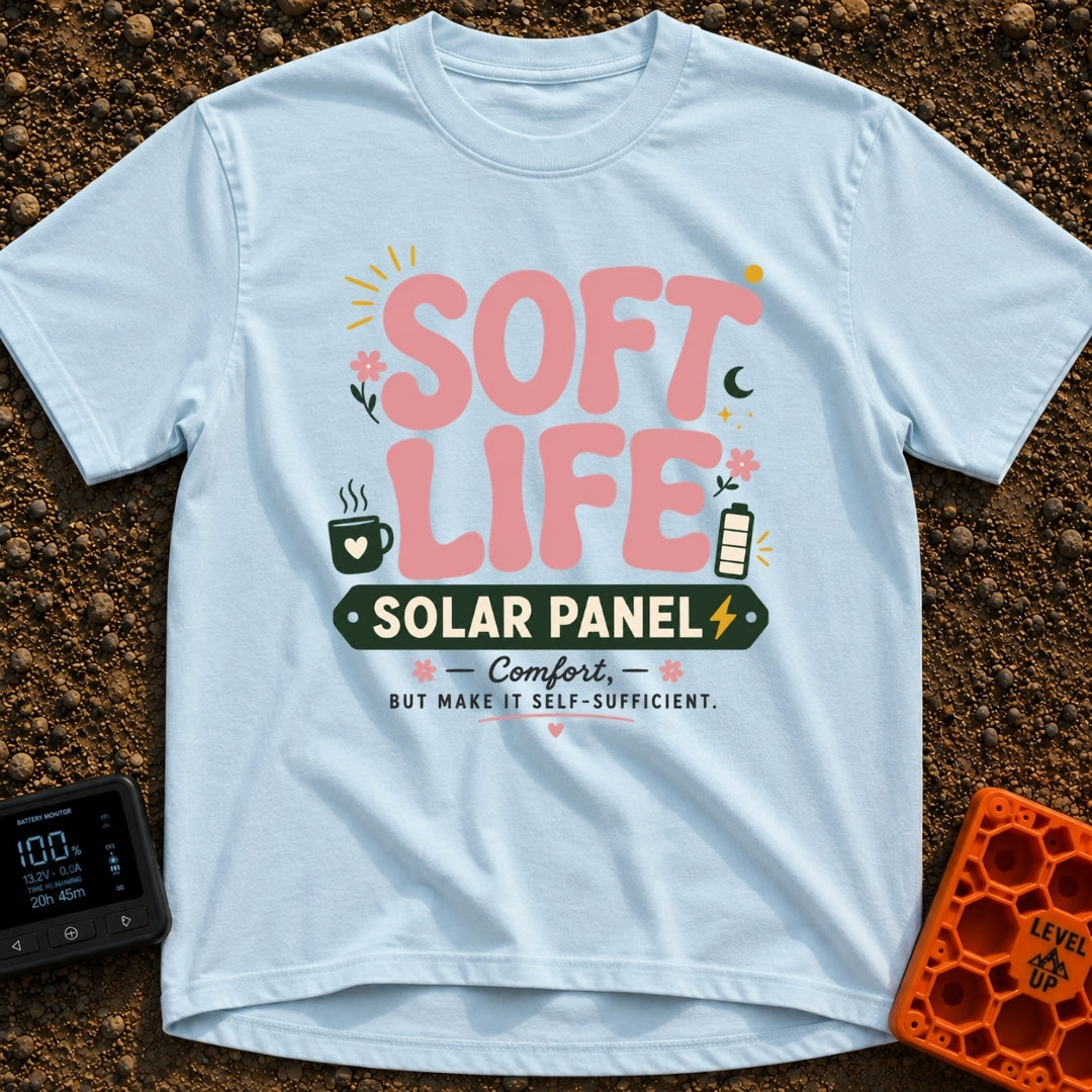 Powered By Soft Life - T-Shirt in Chambray - A typographic design featuring large pink bubbly text reading "SOFT LIFE"...