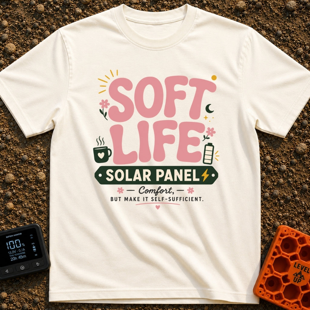 Powered By Soft Life - T-Shirt in Ivory - A typographic design featuring large pink bubbly text reading "SOFT LIFE" above...