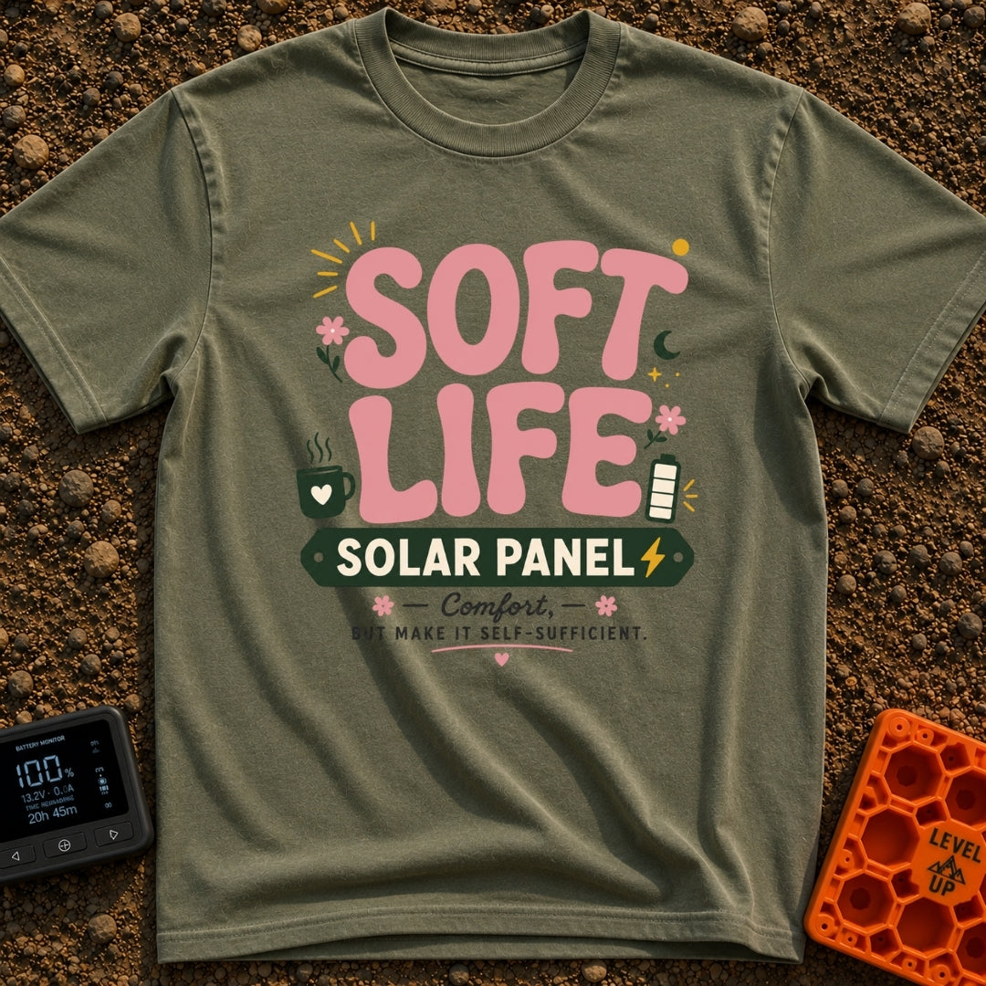 Powered By Soft Life - T-Shirt in Moss - A typographic design featuring large pink bubbly text reading "SOFT LIFE" above...