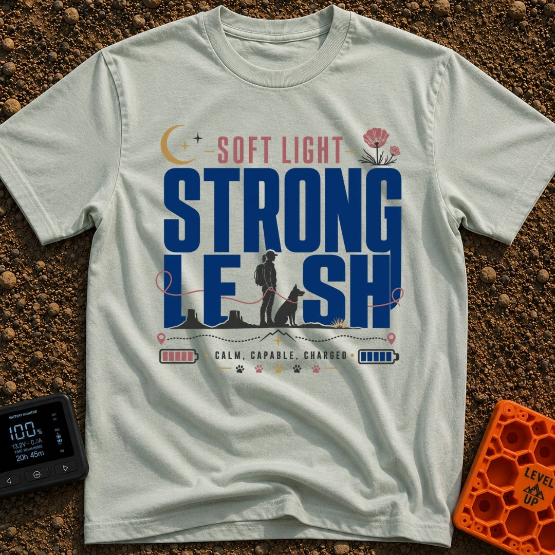 Soft Light Lead - T-Shirt in Bay - A typographic design featuring the words 'SOFT LIGHT STRONG LEASH' integrated with a...