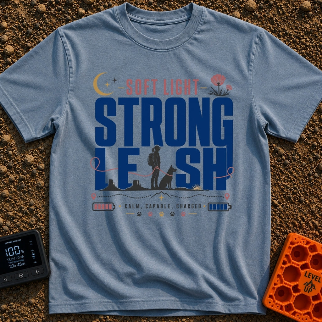 Soft Light Lead - T-Shirt in Blue Jean - A typographic design featuring the words 'SOFT LIGHT STRONG LEASH' integrated...