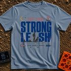 Soft Light Lead - T-Shirt in Blue Jean - A typographic design featuring the words 'SOFT LIGHT STRONG LEASH' integrated...