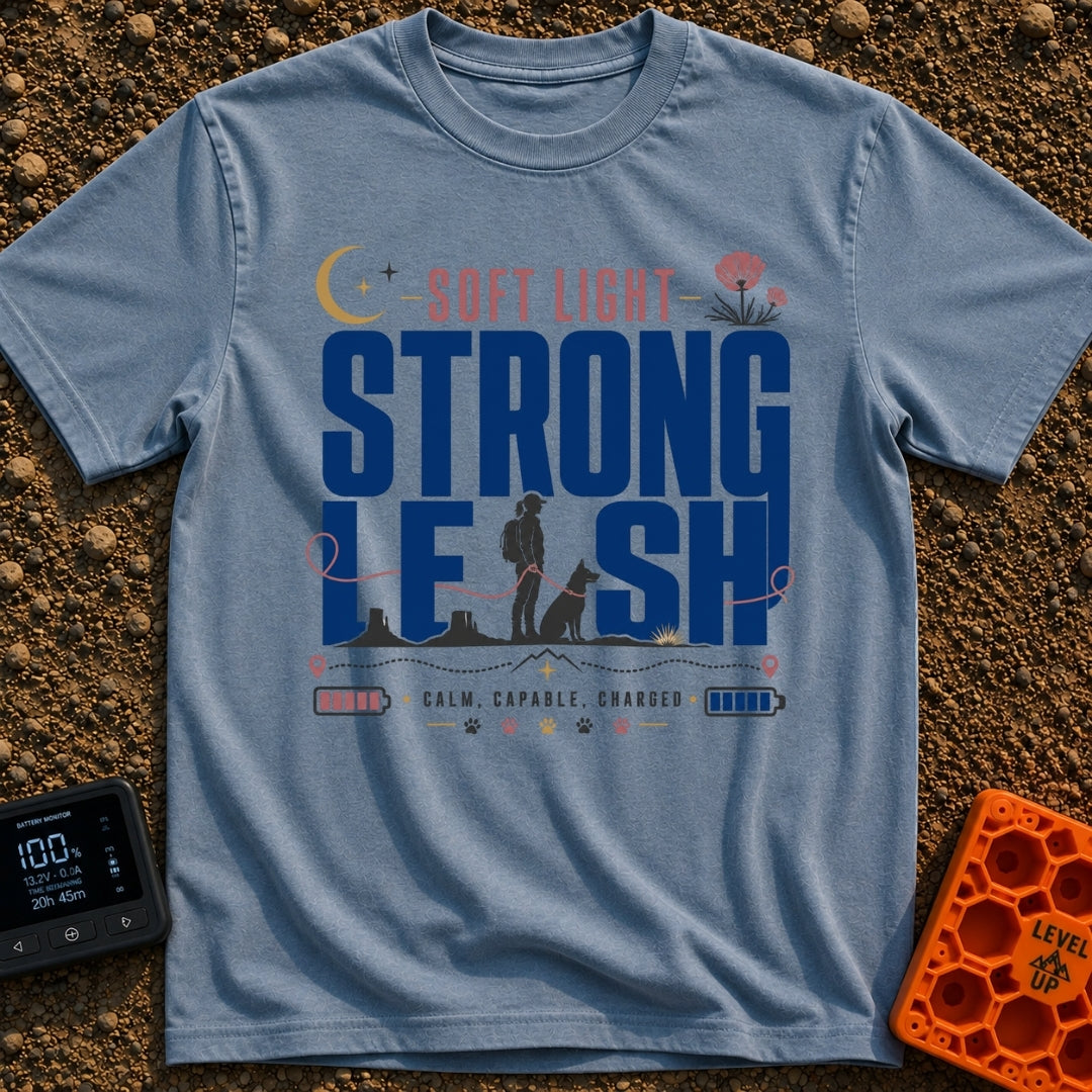 Soft Light Lead - T-Shirt in Blue Jean - A typographic design featuring the words 'SOFT LIGHT STRONG LEASH' integrated...