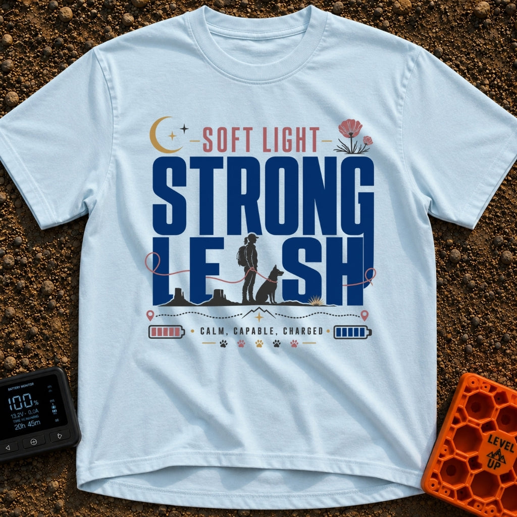 Soft Light Lead - T-Shirt in Chambray - A typographic design featuring the words 'SOFT LIGHT STRONG LEASH' integrated...