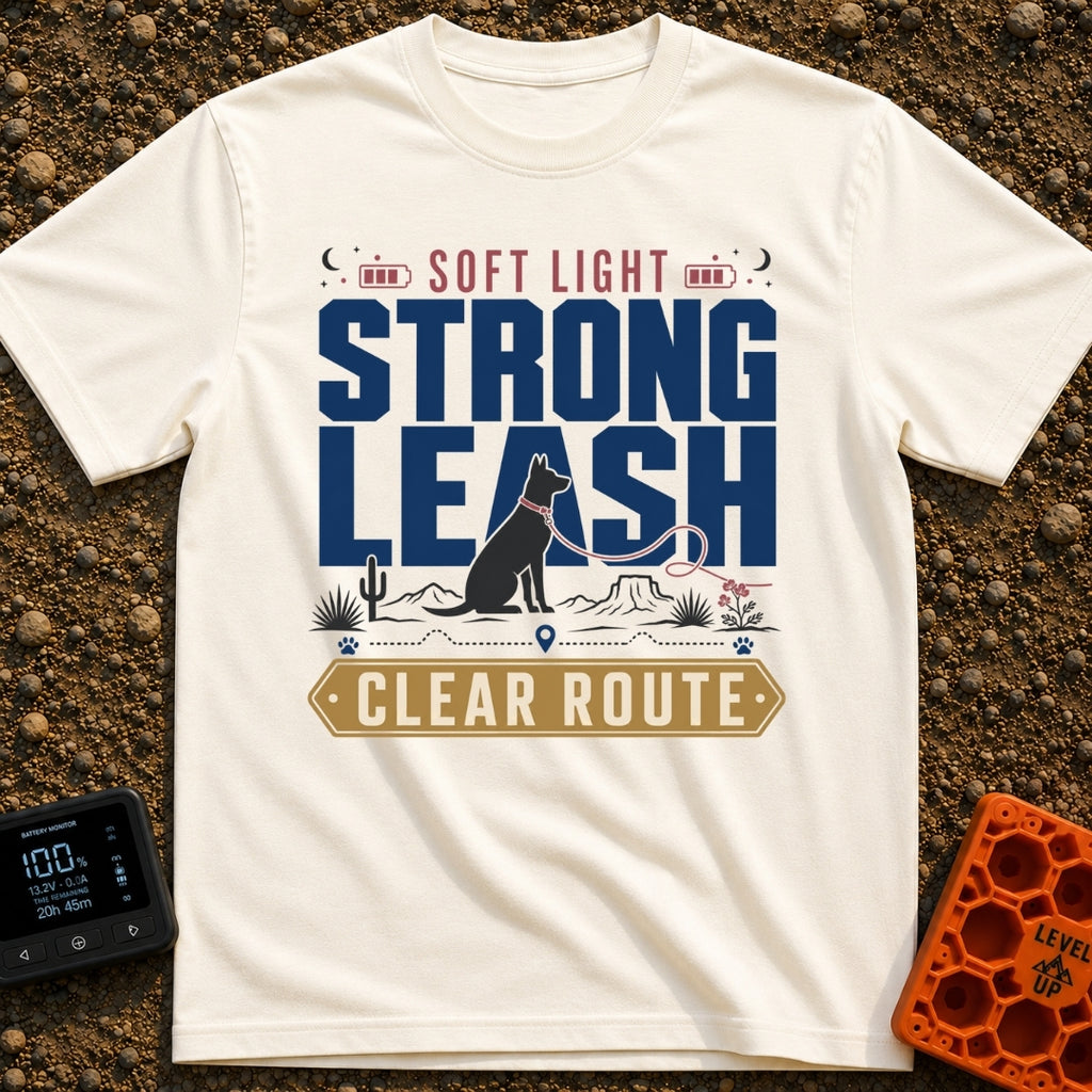 New Leash On Life - T-Shirt in Ivory - A graphic design featuring the text "SOFT LIGHT", "STRONG LEASH", and "CLEAR...