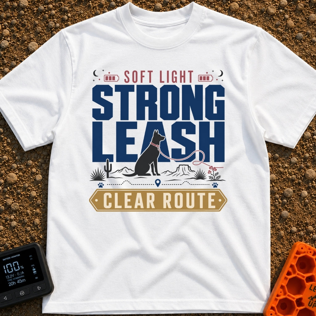 New Leash On Life - T-Shirt in White - A graphic design featuring the text "SOFT LIGHT", "STRONG LEASH", and "CLEAR...