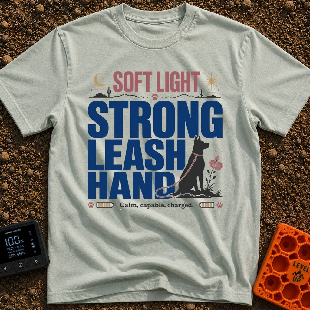 Leash The Day - T-Shirt in Bay - A typographic design featuring the text "SOFT LIGHT STRONG LEASH HAND" alongside the...